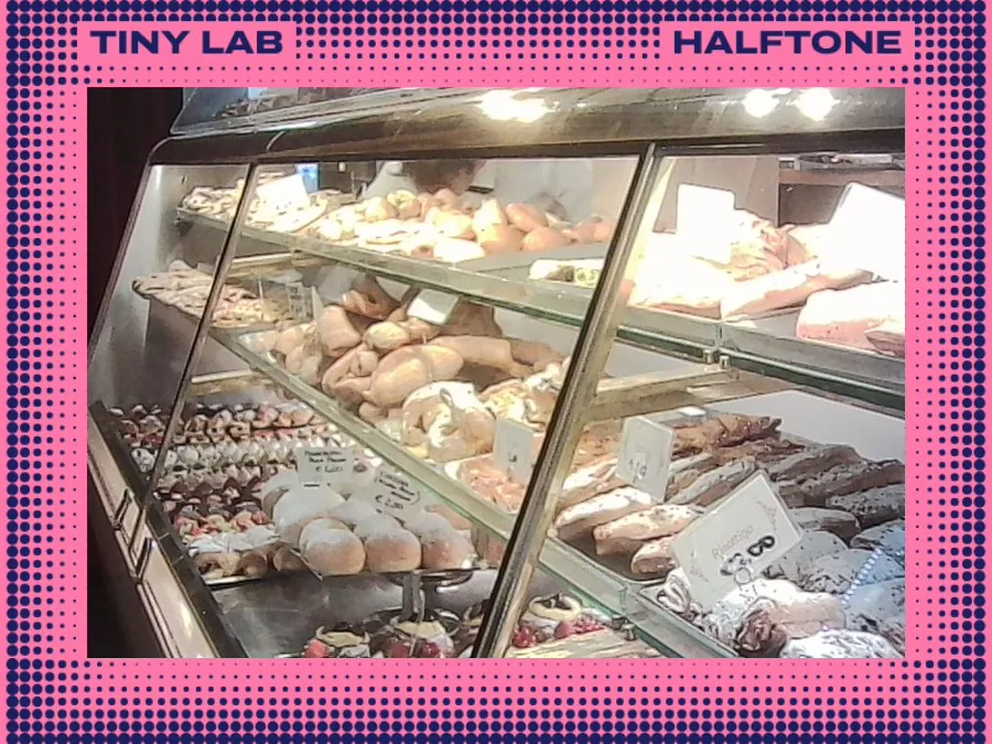 Pastries in a pink halftone border